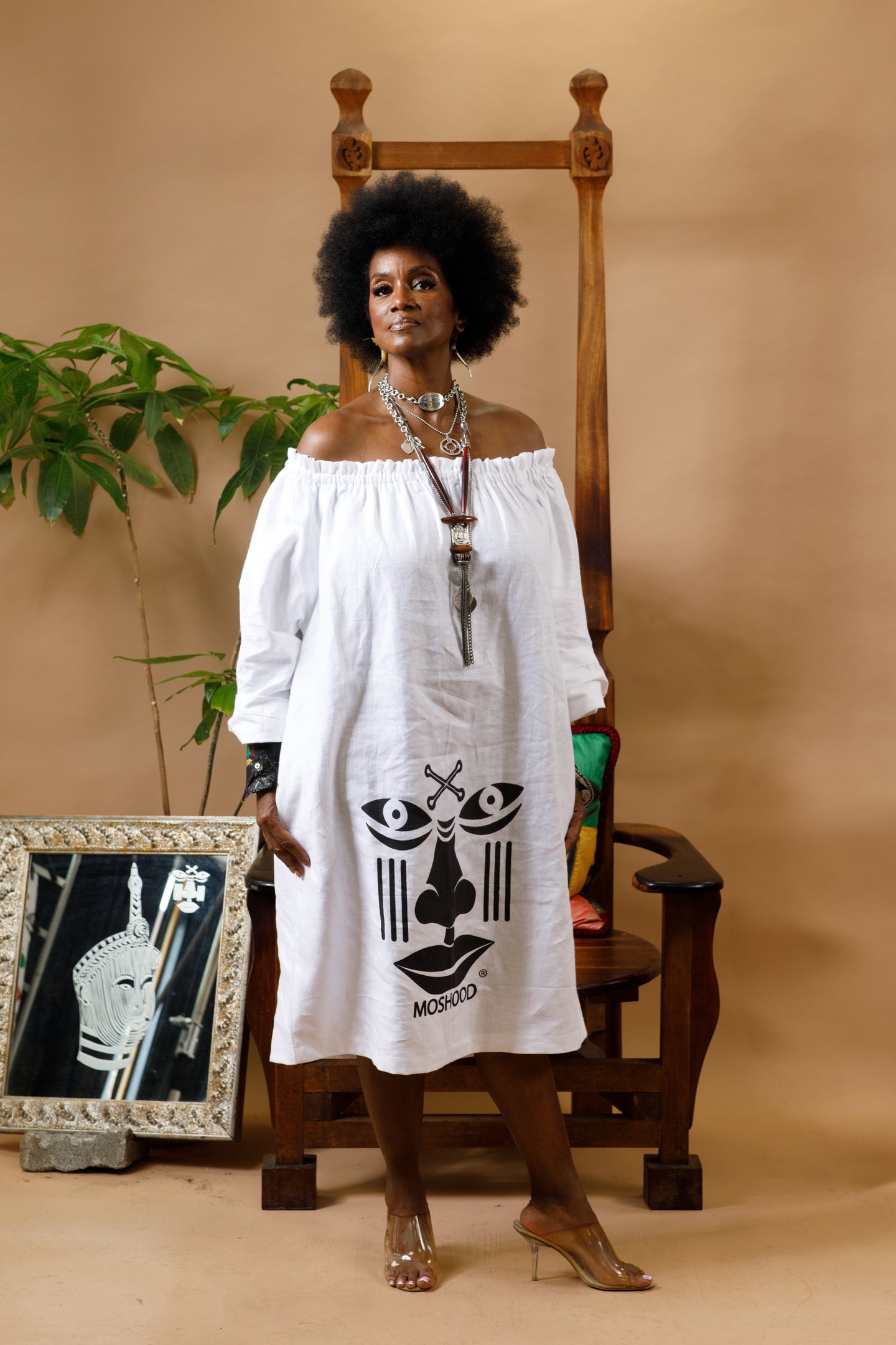Moshood Linen Off The Shoulder Logo Dress
